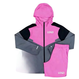 OEM Service Custom Pink Gray <b>Colour</b> Blocking Windproof Autumn Hooded Tracksuit Set Quick Dry Casual Sporty Full Sleeve Zipper - Product Image 1