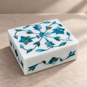Rectangle Marble Jewelry <b>Box</b> with Blue Floral Inlay Design <b>for</b> Thanksgiving Storage and <b>Gifting</b> - Product Image 3