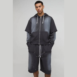 Conjuntos de Shorts y Sudadera con Capucha de Doble Capa, Diseño Más Reciente, 100% Algodón, Lavado Ácido, Efecto Desteñido, con Pedrería, Talla Grande, para Hombre - Product Image 4