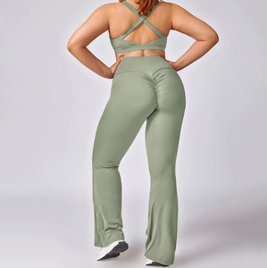 Premium OEM Custom Mid Waist <b>Flared</b> Yoga <b>Leggings</b> Plus Size Seamless Spandex/Polyester Breathable Eco-Friendly Quick Dry Fitness - Product Image 3