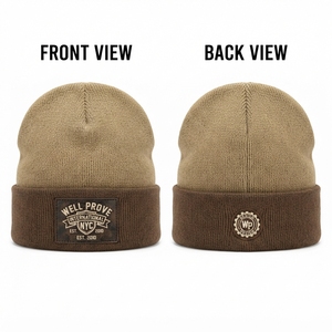 Custom Logo Digital Rubber Patch Beanie High Quality 120 GSM Fine Rib Knit Beige Winter Skull Cap Cuffed Casual <b>Warm</b> <b>Hat</b> - Product Image 6