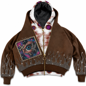Hoodie marron personnalisé à coupe ajustée, capuche doublée contrastante, patch graphique œil croisé, strass, flamme, chaîne dorée, fermeture éclair, streetwear, vente en gros - Product Image 1
