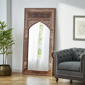 Minimalist tall arched floor mirror crafted with a textured <b>light</b> <b>wicker</b> frame, available at wholesale prices. - Product Image 6