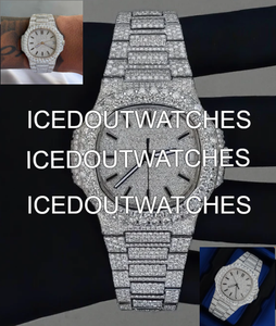 Montre mécanique automatique en acier inoxydable avec boîtier rond en or blanc 14 carats et moissanite, bracelet à fermoir, cadran en verre, étanchéité 10 bars - Product Image 1