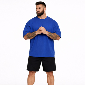 Men's Oversized Blue Crew Neck <b>T</b>-<b>Shirt</b> Short Sleeve Solid Color Casual Fit 100% Cotton Jersey Knitted Fabric - Product Image 1
