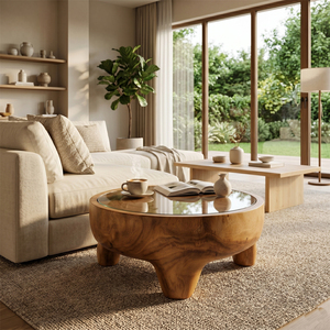 <b>Solid</b> Suar <b>Wood</b> Terra Circle Coffee Table Organic Contemporary Design Premium Quality Tempered Glass Top Living Room Furniture - Product Image 6