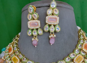 Glamorous Premium Quality Gold Plated Kundan Stones Look Necklace Set With Earrings for Wedding Wear Collection For Women - Product Image 2