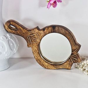 Miroir à main en bois artisanal, poignée lisse, cadre à grain naturel, accessoire de beauté portable pour le maquillage, l'entretien personnel et l'usage quotidien - Product Image 3