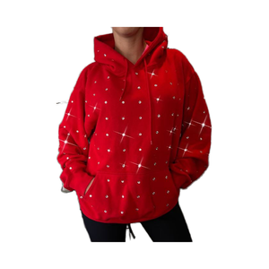 Sweat-shirt à capuche personnalisé pour homme, rouge, avec strass, 350 GSM, en molleton de coton épais, effet scintillant, streetwear, OEM, hiver - Product Image 1