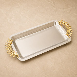 Luxury Stainless Steel <b>Rectangular</b> Serving Tray with <b>Gold</b> Leaf Handles <b>Mirror</b> Finish Rust Resistant Luxury Display Platter - Product Image 1