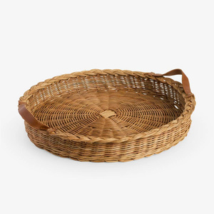 Natural Round <b>Rattan</b> Tray With Leather Handle Beautiful Serving Tray For <b>Dining</b> <b>Table</b>, Kitchen Use And Display - Product Image 1