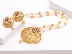 RAY FINE ORNATES <b>Ruby</b> Pink Bridal <b>Necklace</b> Set Brass 22K Gold Plated Vintage IGI Certified Luxury Indian Wedding Jewelry Setting - Product Image 2