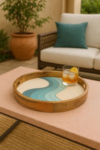 Plateau en bois et émail de haute qualité avec motif vague bleue pour le service à table et la décoration de la maison - Product Image 4