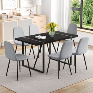 55-Inch Minimalist <b>Retro</b> Rectangular <b>Dining</b> <b>Table</b> with Black Textured Top Paired with 6 Light Gray Linen-<b>Table</b> and Chair Set - Product Image 2