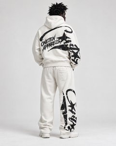 Men's Winter <b>White</b> Hooded Tracksuit Full Length Cotton Streetwear Set Black Print Logo Sleeve Leg Loose Fit <b>Sweatshirt</b> Pants - Product Image 3