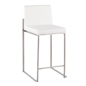 Contemporary Fuji High <b>Back</b> Counter <b>Stool</b> Stainless Steel and White Faux Leather Set of 2 Modern <b>Bar</b> <b>Stools</b> - Product Image 2