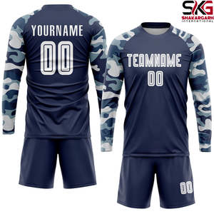Conjunto de Uniforme de Fútbol Personalizado, Camiseta Deportiva con Mangas Raglán, Diseño de Camuflaje Azul Marino, Impresión de Nombre y Número - Product Image 4