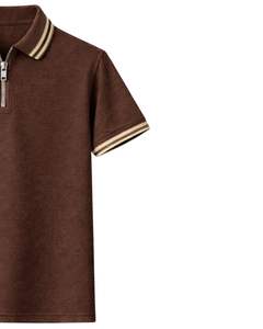 Manufacturer <b>Brown</b> <b>Mens</b> Quarter Zip Polo <b>Shirt</b> Short Sleeve Rib Collar Casual Summer Wear Cotton Blend Custom Manufacturer - Product Image 3