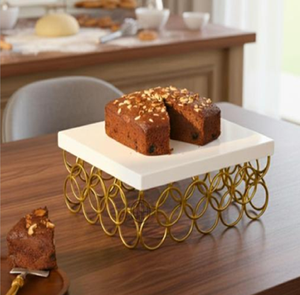Stunning clear glass dessert riser features a geometric golden metal wire <b>frame</b> for party display available at wholesale prices. - Product Image 2