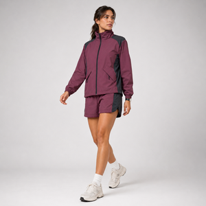 Ensemble de shorts sportifs 2 pièces pour femmes, couleur unie, blocs de couleurs, veste de course en polyester à séchage rapide avec poche, col montant, printemps été - Product Image 3
