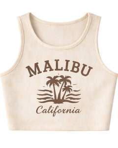 Ensemble deux pièces décontracté d'été pour femme : débardeur court côtelé beige et short, imprimé Malibu, sans manches, col rond, personnalisable - Product Image 3