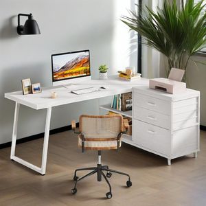 Reversible Corner 53-Inch Industrial L-Shaped <b>Desk</b> for Home Office 3-Drawers with Shelves for PC <b>Study</b> and Writing - Product Image 2