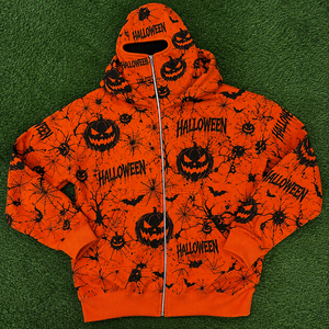 Custom Halloween All Over Print Full Zip Mask Hoodie Orange Oversized Streetwear Hoodie Heavyweight Fleece Zip Up Jacket for Men - Product Image 6