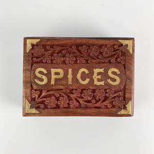 Vintage <b>Wooden</b> Spice <b>Box</b> with Brass Inlay, Hand-Carved Floral Storage <b>Box</b>, Rustic Kitchen Decor, Collectible <b>Wooden</b> Home Accent - Product Image 4