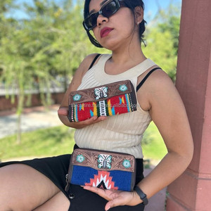 Manta de sillín mecanizada a mano para mujer, billetera de mariposa, billetera occidental de cuero genuino, billetera grande con cremallera, patrón Floral, alfombra azteca, embrague - Product Image 4