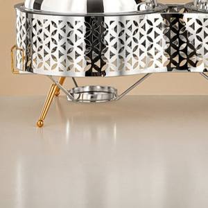 Double Stainless Steel Chafing Dish Laser Cut Design <b>Food</b> <b>Warmer</b> with Glass Lids and Legs Gold Accents for Hotel Event Catering - Product Image 6
