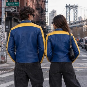 Veste de motard unisexe en cuir véritable bleu et or, style streetwear colorblock - Product Image 4