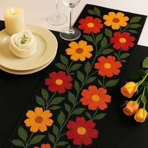Handmade Beaded Floral Table <b>Runner</b> Rectangle Fabric Bohemian Design Black with <b>Red</b> Orange Yellow Flowers - Product Image 1