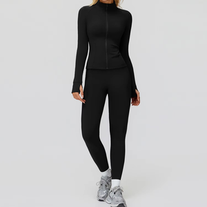 Women's Black Full Sleeve Turtleneck Zipper <b>Tracksuit</b> Set Solid Color Sporty Fit Lightweight Spring Wear - Product Image 5