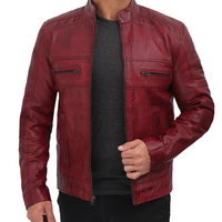 Jaket Motor Pria Kulit Asli Merah Kanvas Bernapas Kerah Tegak Depan Penutup Ritsleting Slim Fit Panjang Reguler Warna Solid