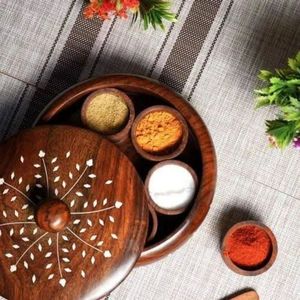 Wooden Masala <b>Box</b> With Hand Polished Surface For Elegant Indian Kitchen Spice Arrangement And Presentation - Product Image 1