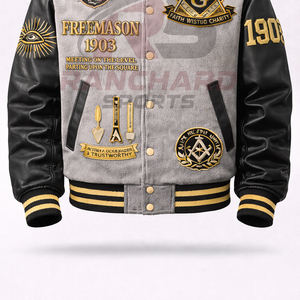 Veste universitaire personnalisée d'inspiration maçonnique – Corps en laine de qualité supérieure avec manches en cuir PU et symboles brodés - Product Image 3