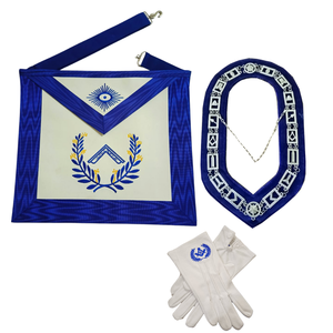Ensemble de tablier, col et gants de franc-maçon brodés bleu et blanc, ensemble de régalia maçonnique classique pour Maître Maçon - Product Image 1