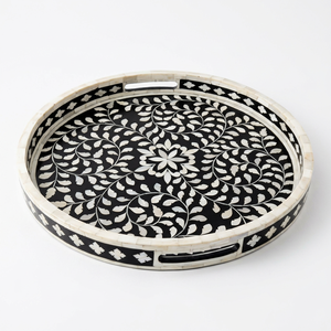 Plateau de service rond en os fait main avec incrustation de nacre et motif feuille, noir et blanc, vente en gros, personnalisable OEM ODM DECORYUG - Product Image 1