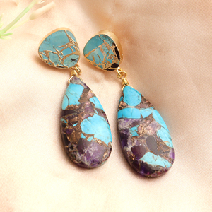Wholesale mohave purple & blue copper turquoise <b>earrings</b> handmade gold plated <b>post</b> back <b>earring</b> dangle drop copper <b>earrings</b> - Product Image 4