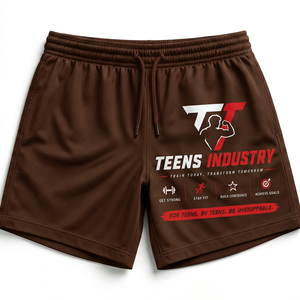Shorts de sport pour homme, marron, séchage rapide, cordon de serrage, taille élastique, logo imprimé sur le devant. - Product Image 4