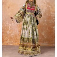 Robe traditionnelle afghane pour femmes, longueur genou, en cachemire et acrylique, dentelle lavable, taille naturelle avec broderie culturelle colorée
