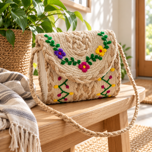Sac à bandoulière personnalisable brodé au crochet à sangle unique, pochette à rabat florale pour la plage, les voyages et l'usage quotidien - Product Image 6