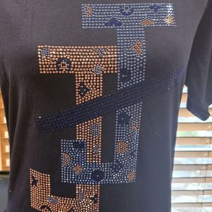 <b>Women</b> <b>Black</b> Rhinestone Graphic T <b>Shirt</b> Short Sleeve Crew Neck Crystal Embellished Casual Fashion Tee Custom Wholesale Apparel - Product Image 5