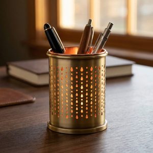 Portaplumas de Latón de Doble Pared Hecho a Mano de 9 cm con Funda de Cobre Perforada Zari para Decoración del Hogar, Hoteles, Bodas, Regalos de Mesa - Product Image 2