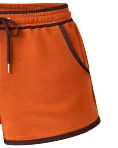 Pantalones Cortos Deportivos Casuales de Verano para Mujer, Personalizados, Color Naranja Óxido con Contraste Marrón, de Algodón y Felpa, Cintura Elástica - Product Image 4