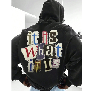 Winter Oversized <b>Hoodie</b> with Printed <b>Zip</b>-Front Kangaroo <b>Pockets</b> & Ribbed Hem Cuffs Black Dropped Shoulders-OEM Serviced - Product Image 5