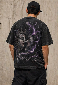 Camiseta Vintage con Gráfico Cósmico, Oversize, de Algodón 100% de Alto Gramaje, Lavada, Estilo Streetwear, con Pedrería, Unisex - Product Image 4