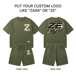 เสื้อยืดคอกลมโอเวอร์ไซส์ผ้าเฟรนช์เทอร์รี่โพลีเอสเตอร์หนา 320 GSM ยี่ห้อ ZAINI ระบายอากาศได้ดี พร้อมกางเกงขาสั้นคาร์โก้สีเขียวมะกอก ชุดเซ็ตพร้อมโลโก้ด้านหน้า - Product Image 1