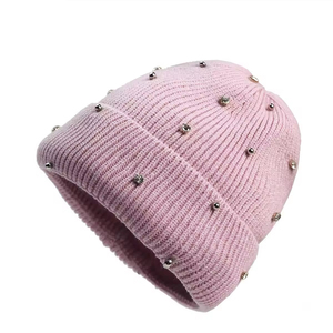 Bonnet en tricot pour femme avec strass, confortable, tendance hiver, couleur unie, pour un usage quotidien - Product Image 1