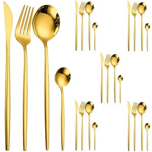 ชุดช้อนส้อมทองคำ 24 ชิ้น สำหรับโต๊ะอาหาร ประกอบด้วยช้อน ส้อม และมีดเนย ดีไซน์ทันสมัย น้ำหนักเบา ด้ามจับเพรียวบาง - Product Image 1